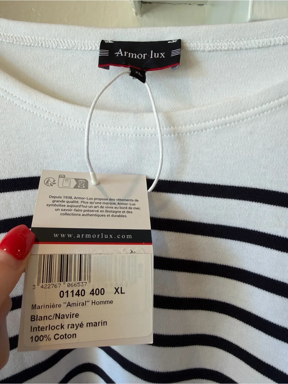 Armor-Lux Amiral Breton Stripe Long Sleeve Shirt XL White Navy 100% Cotton